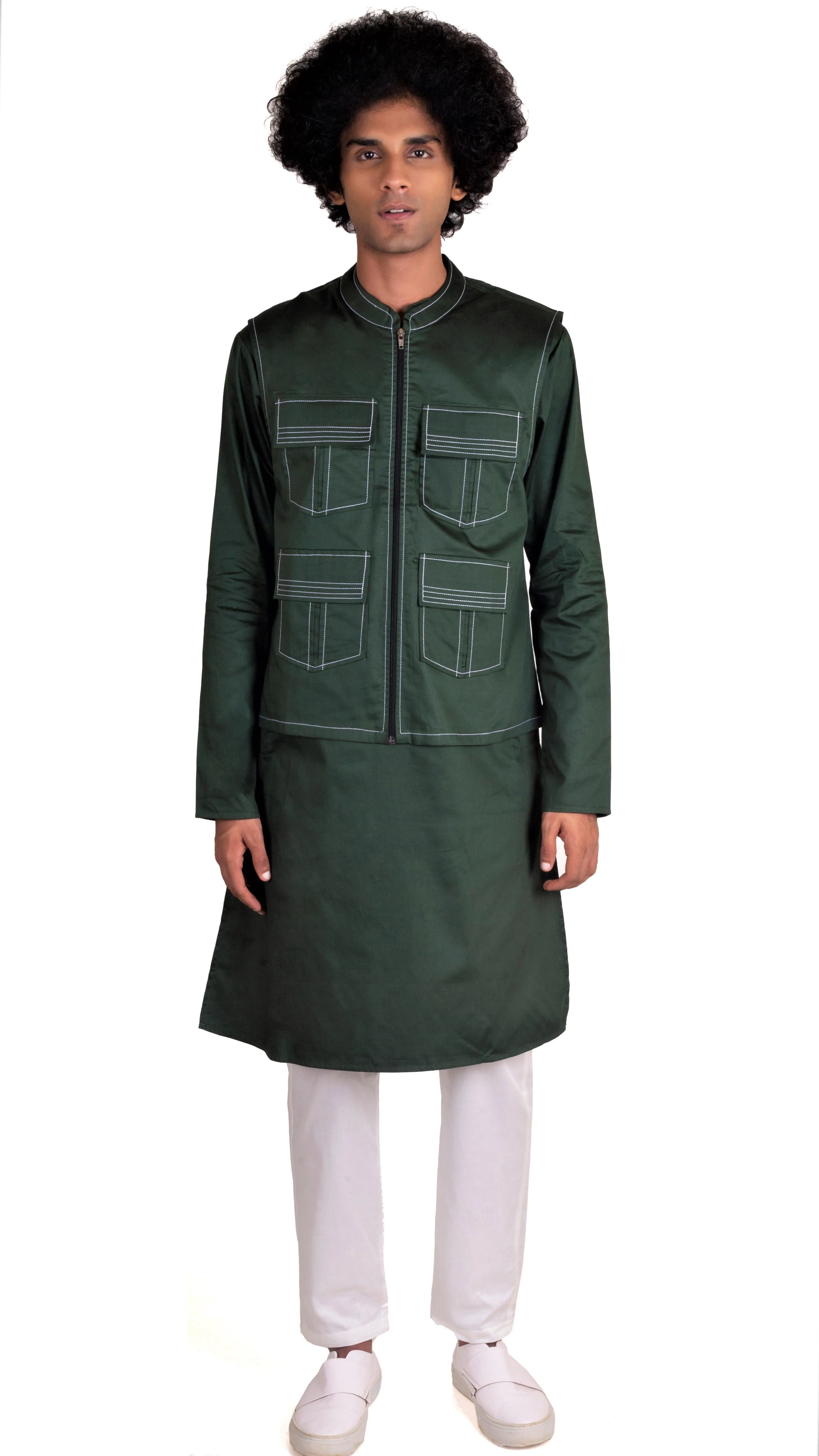 EMERALD GREEN 4 POCKETED SHACKET & KURTA MONOCHROME SET