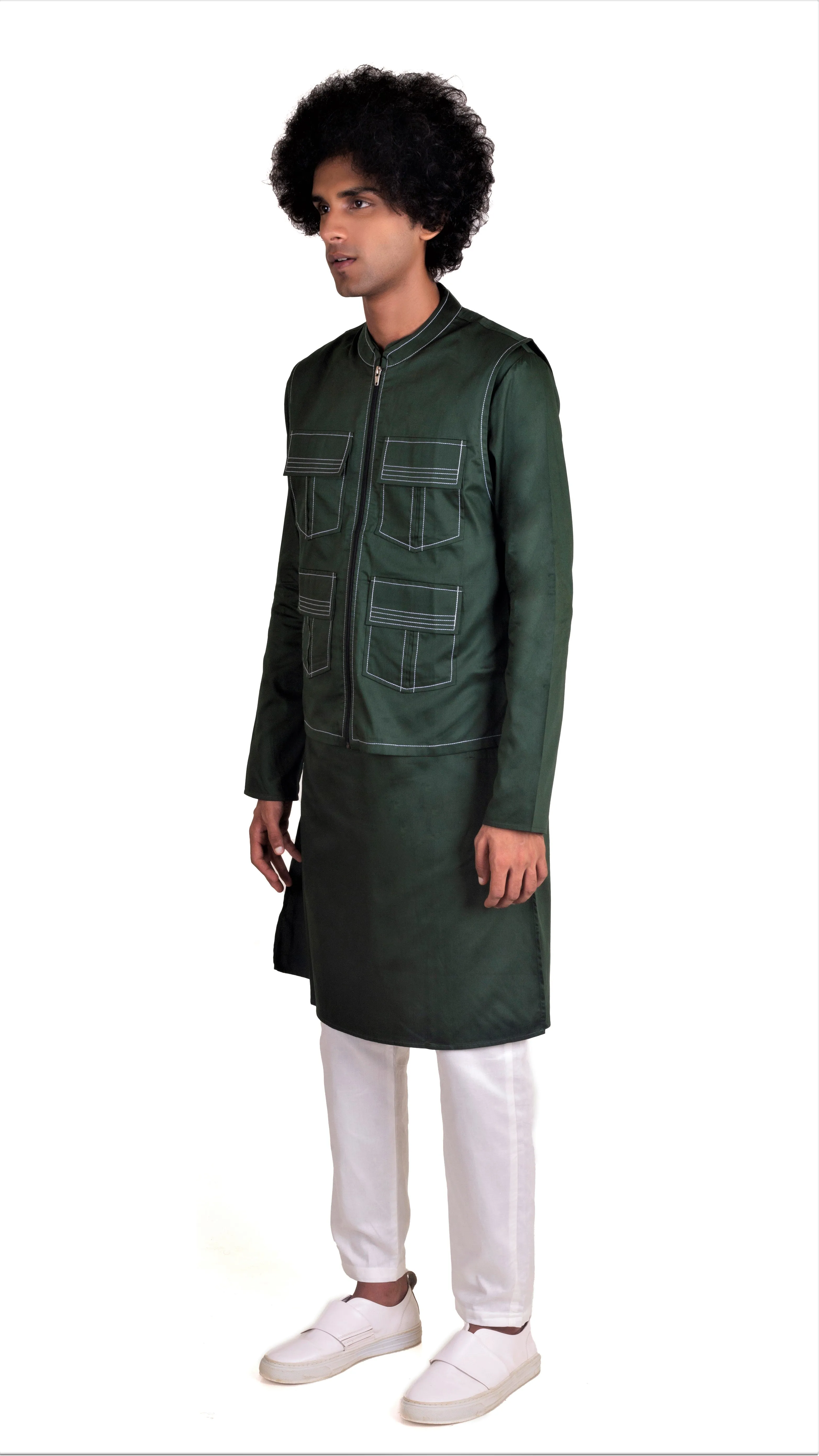 EMERALD GREEN 4 POCKETED SHACKET & KURTA MONOCHROME SET