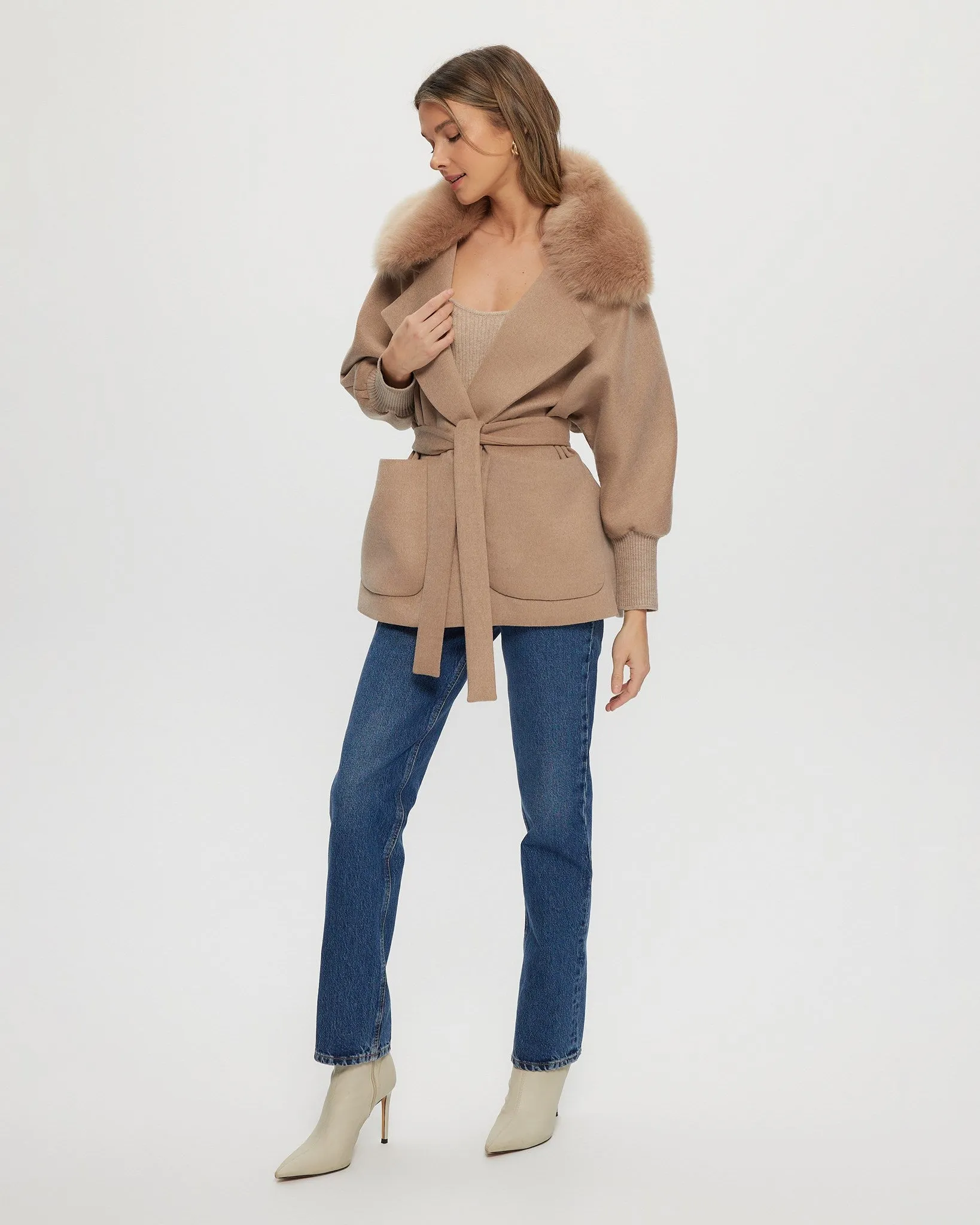 Fabric Jacket with Detachable Select Shearling Lamb Collar and Belt