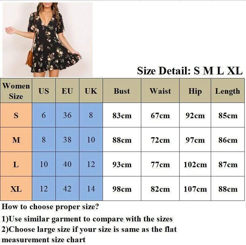 FashionSierra - Women Mini Boho Floral Dress Summer Beach Short Sleeve V-Neck Party Bohemian Beach Dress Summer Style