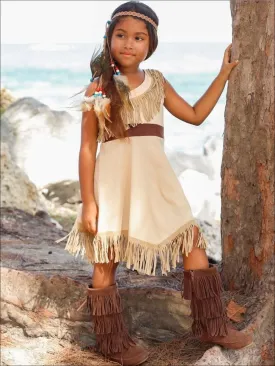 Girls Pocahontas Inspired Bohemian One Shoulder Fringe Halloween Costume