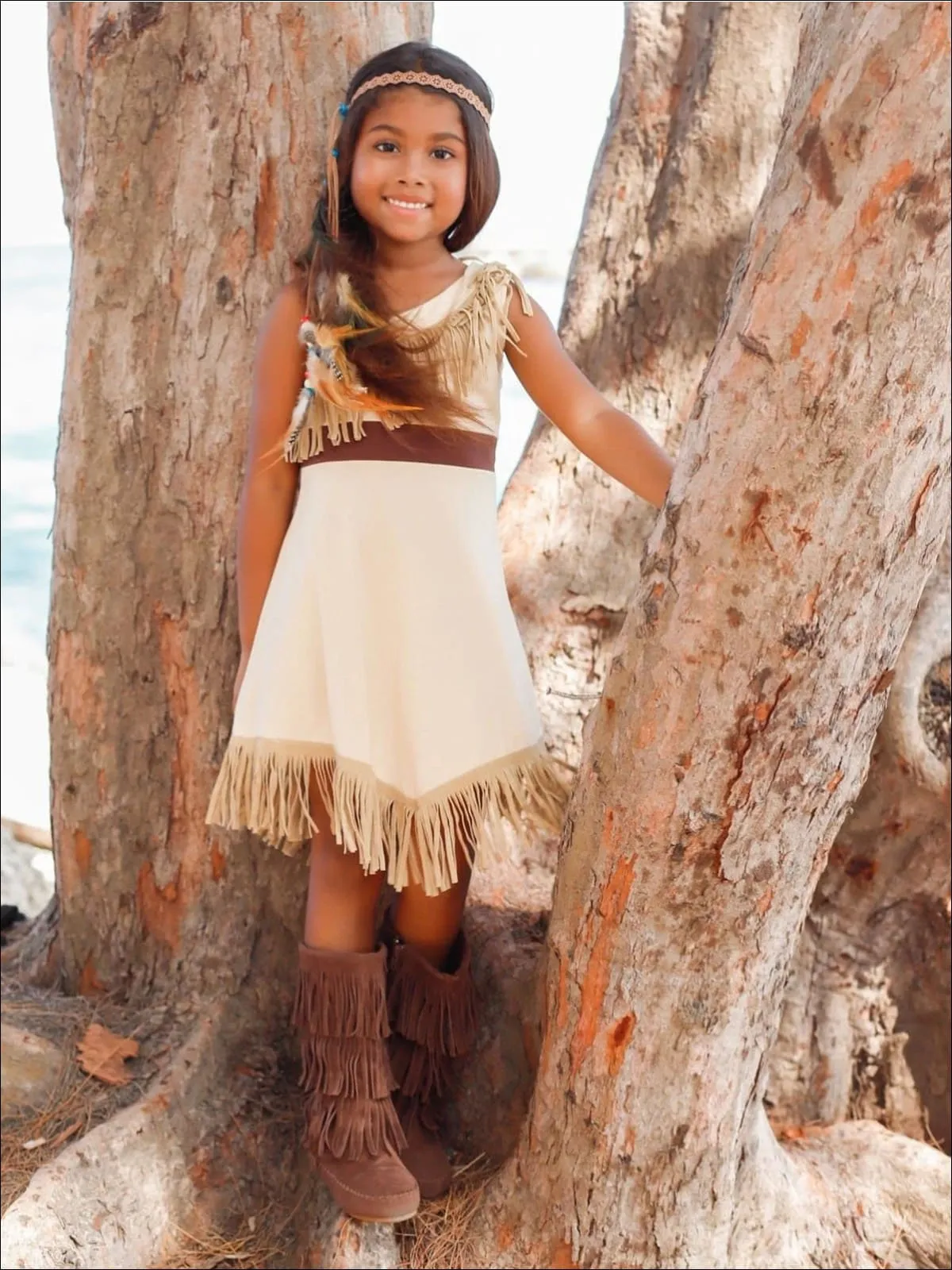 Girls Pocahontas Inspired Bohemian One Shoulder Fringe Halloween Costume