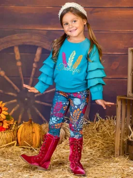 Girls "Thankful" Feather Print Ruffled Sweatshirt And Floral Legging Set