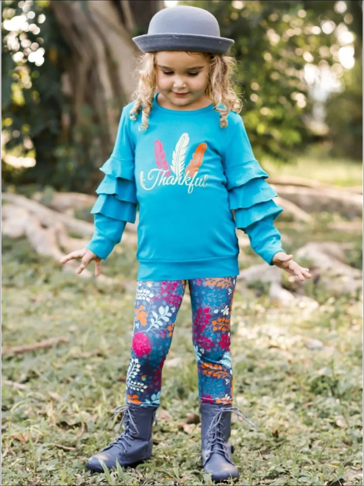 Girls "Thankful" Feather Print Ruffled Sweatshirt And Floral Legging Set