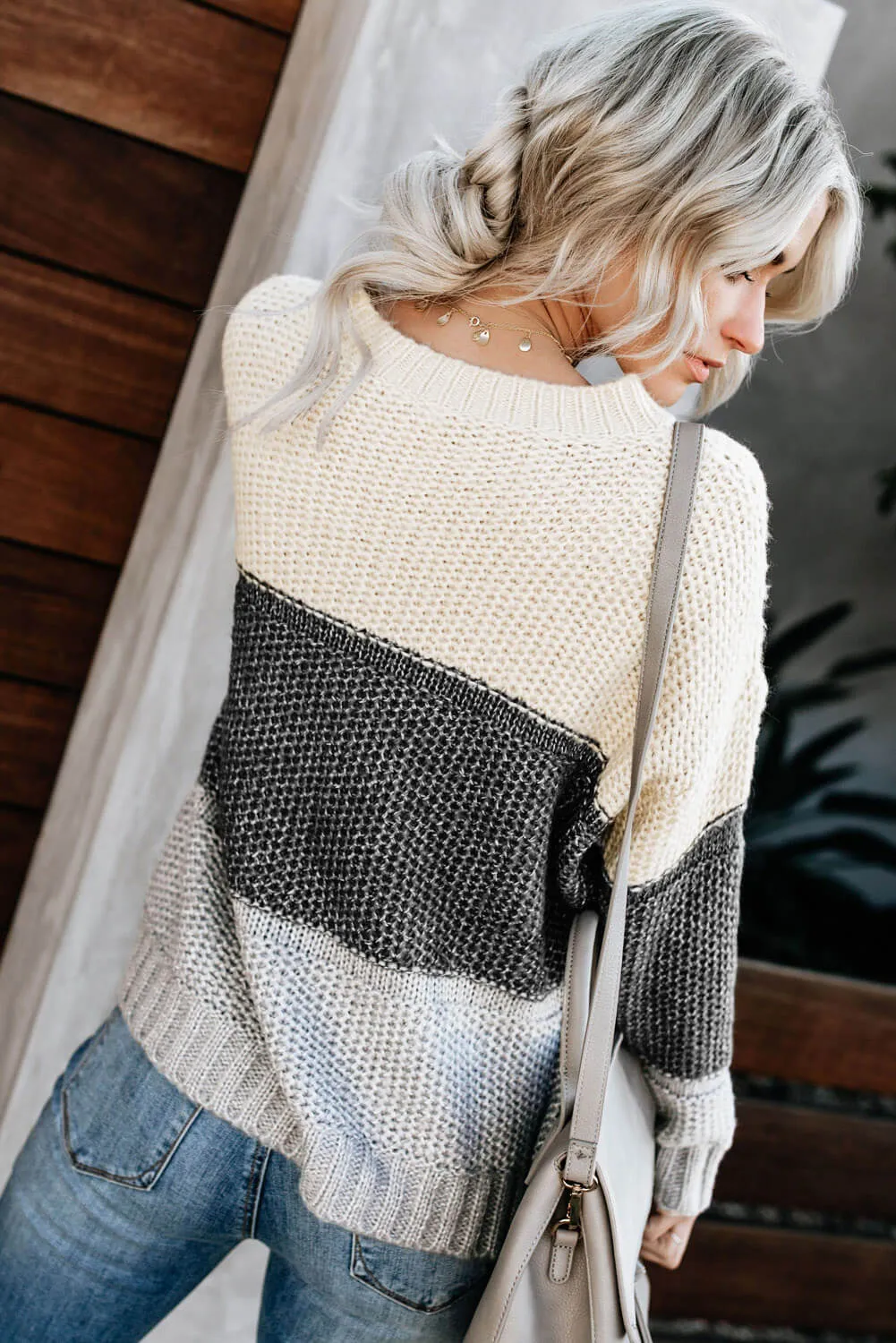 Gray Color Block Netted Texture Pullover Sweater