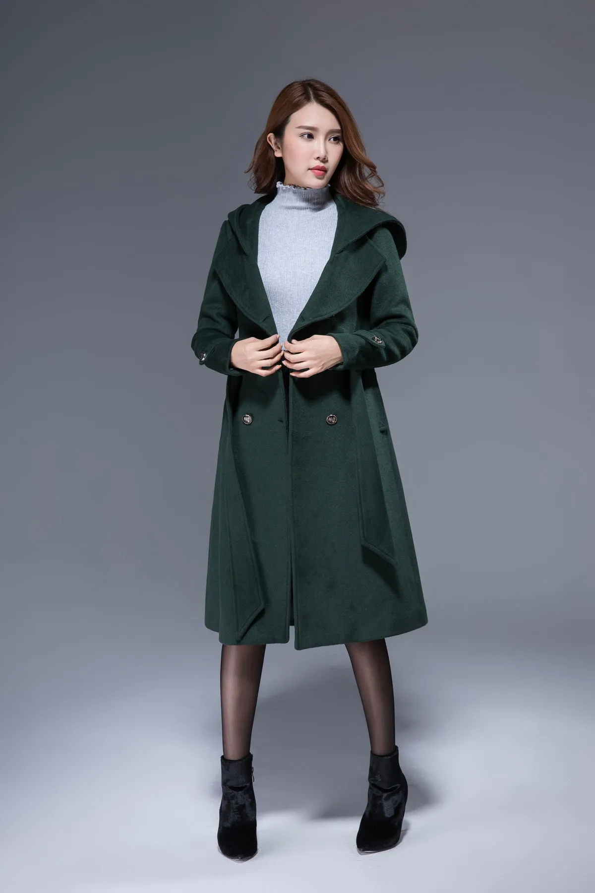 green coat, hooded coat, double breasted coat 1822#