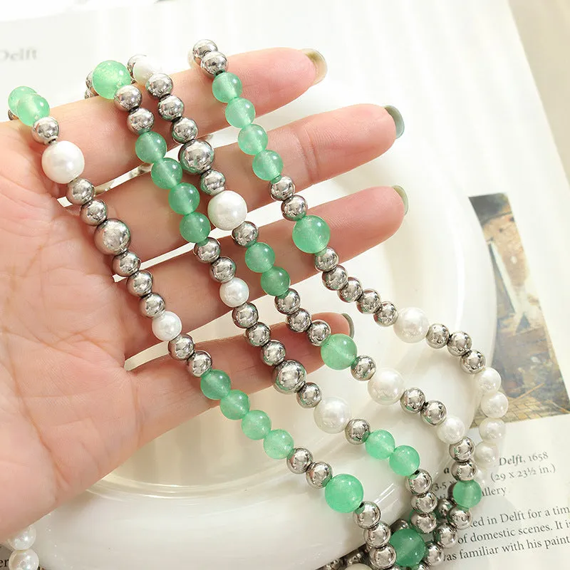 Green Jade Pearl Silver Beads Necklace