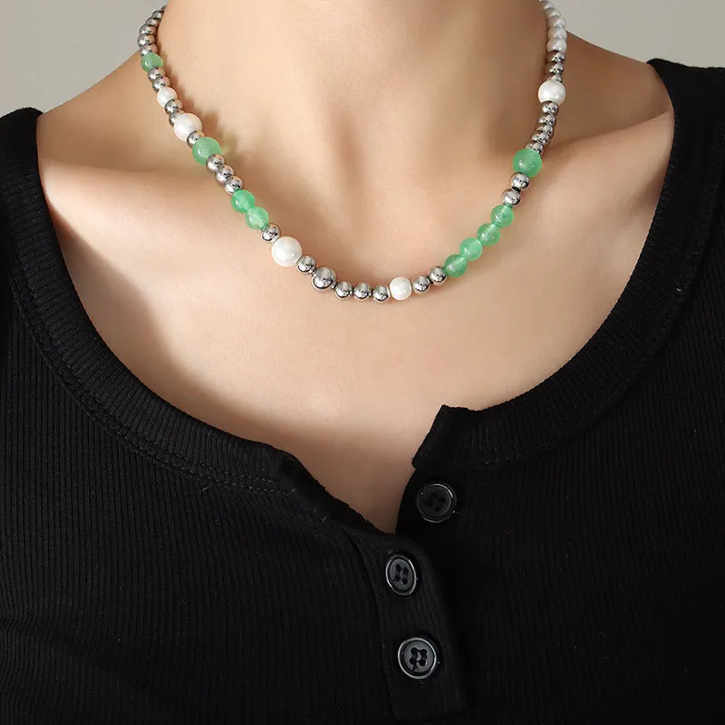 Green Jade Pearl Silver Beads Necklace