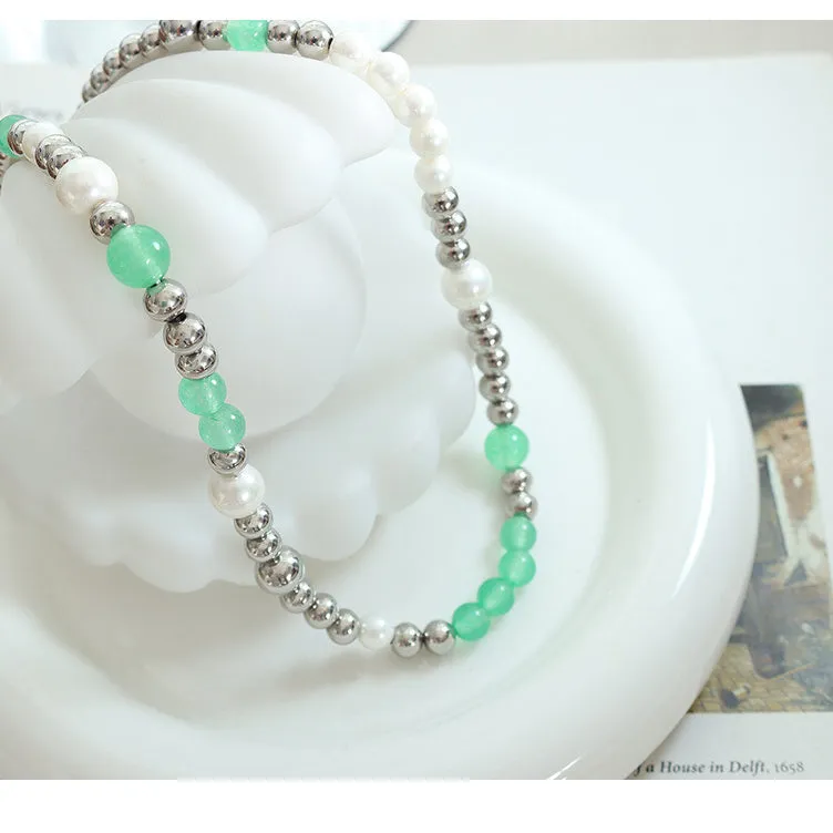 Green Jade Pearl Silver Beads Necklace