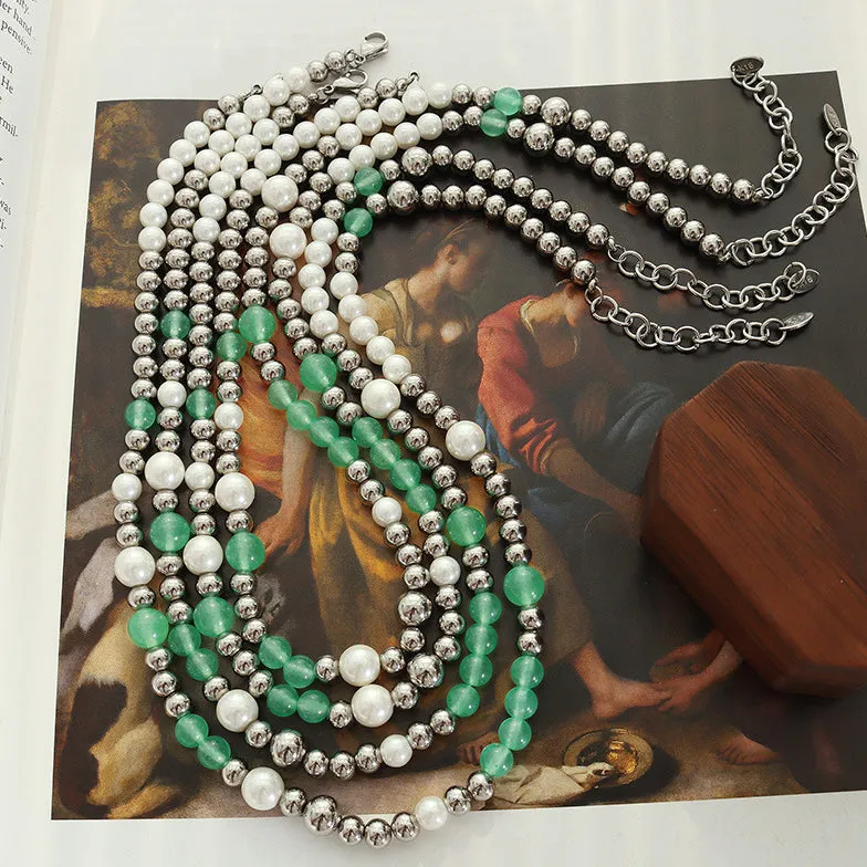 Green Jade Pearl Silver Beads Necklace