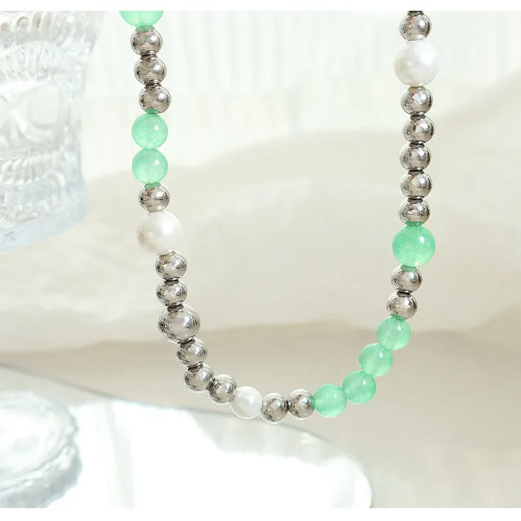 Green Jade Pearl Silver Beads Necklace