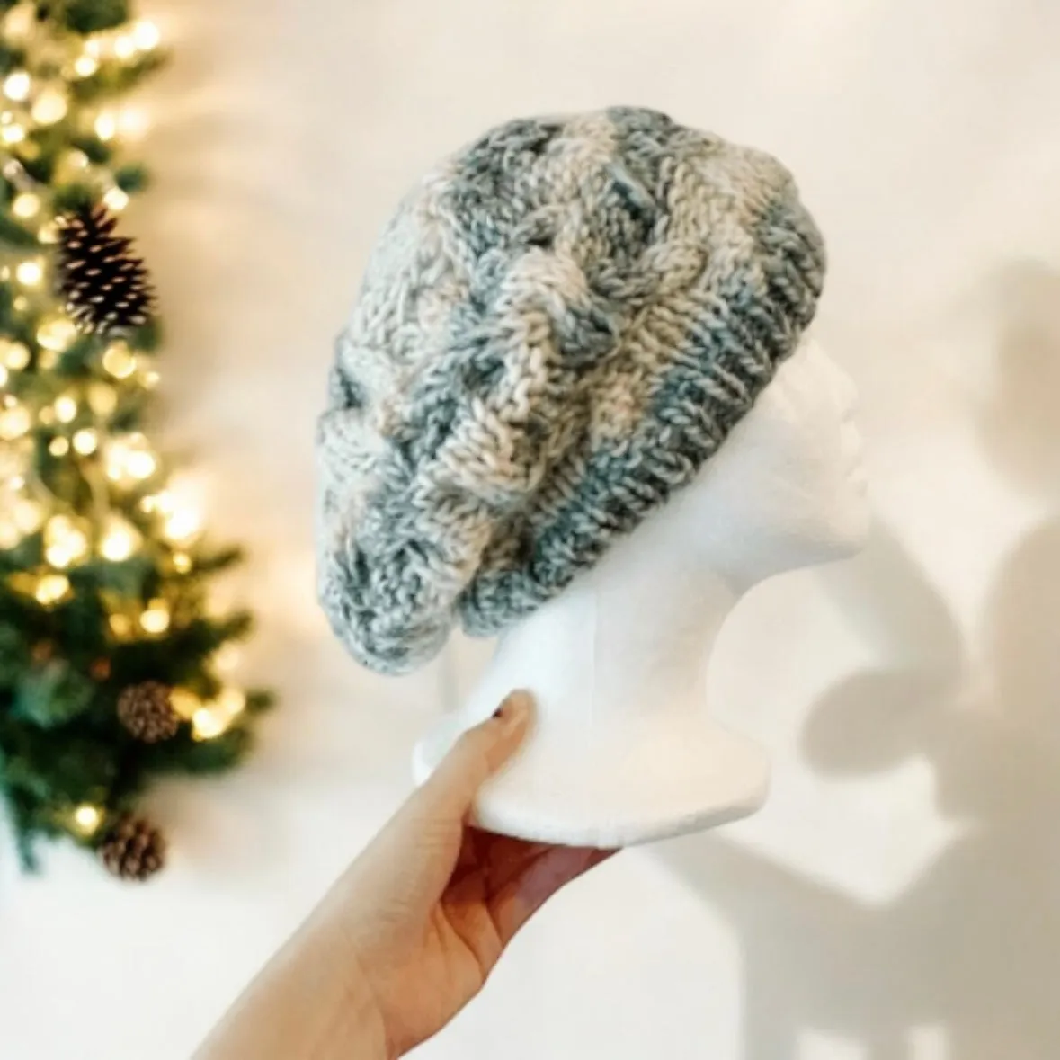 Handknit Cable Slouchy Beanie | Knit Beret |Slouchy Hat in marshmallow storm colour| Knit beanie grey mint | Fluffy chunky cozy winter hat