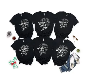 'It's The Wonderful Time Of The Year' Letter Print Patterned Black Color Casual Short Sleeve T-shirts  Family Matching Tops With Dog Bandana