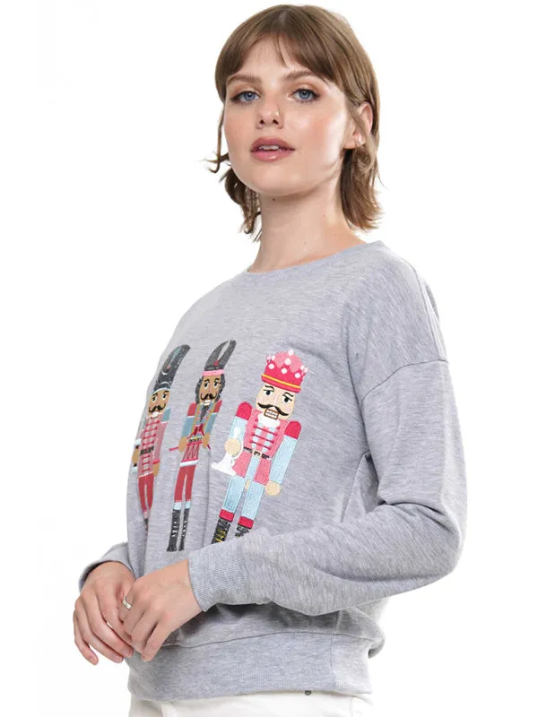 Jaqueline Women's Christmas Element Top Round Neck Pullover Embroidered Sequined Sweatshirt