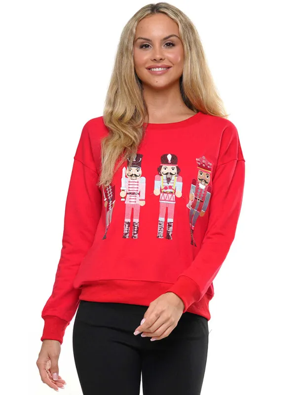 Jaqueline Women's Christmas Element Top Round Neck Pullover Embroidered Sequined Sweatshirt