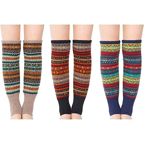 Kawaii Bohemian Socks, Wool Leg Warmers for Women, Girls, Knit Leg Warmers, Cozy Winter Warm Leg Warmer Socks 3 Pairs