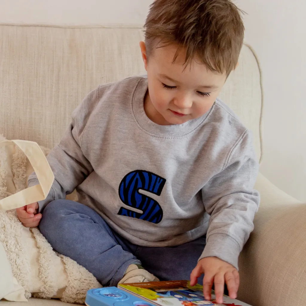 Kids Personalised Embroidered Animal Print Initial Grey Sweatshirt