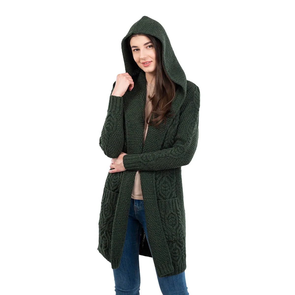 Ladies Hooded Honeycomb Cable Aran Coat