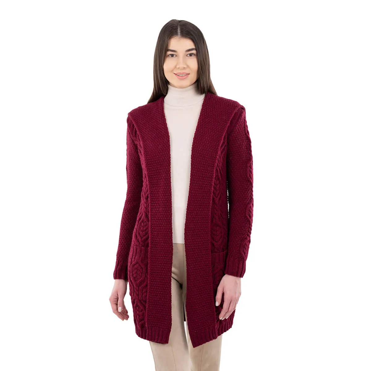 Ladies Hooded Honeycomb Cable Aran Coat