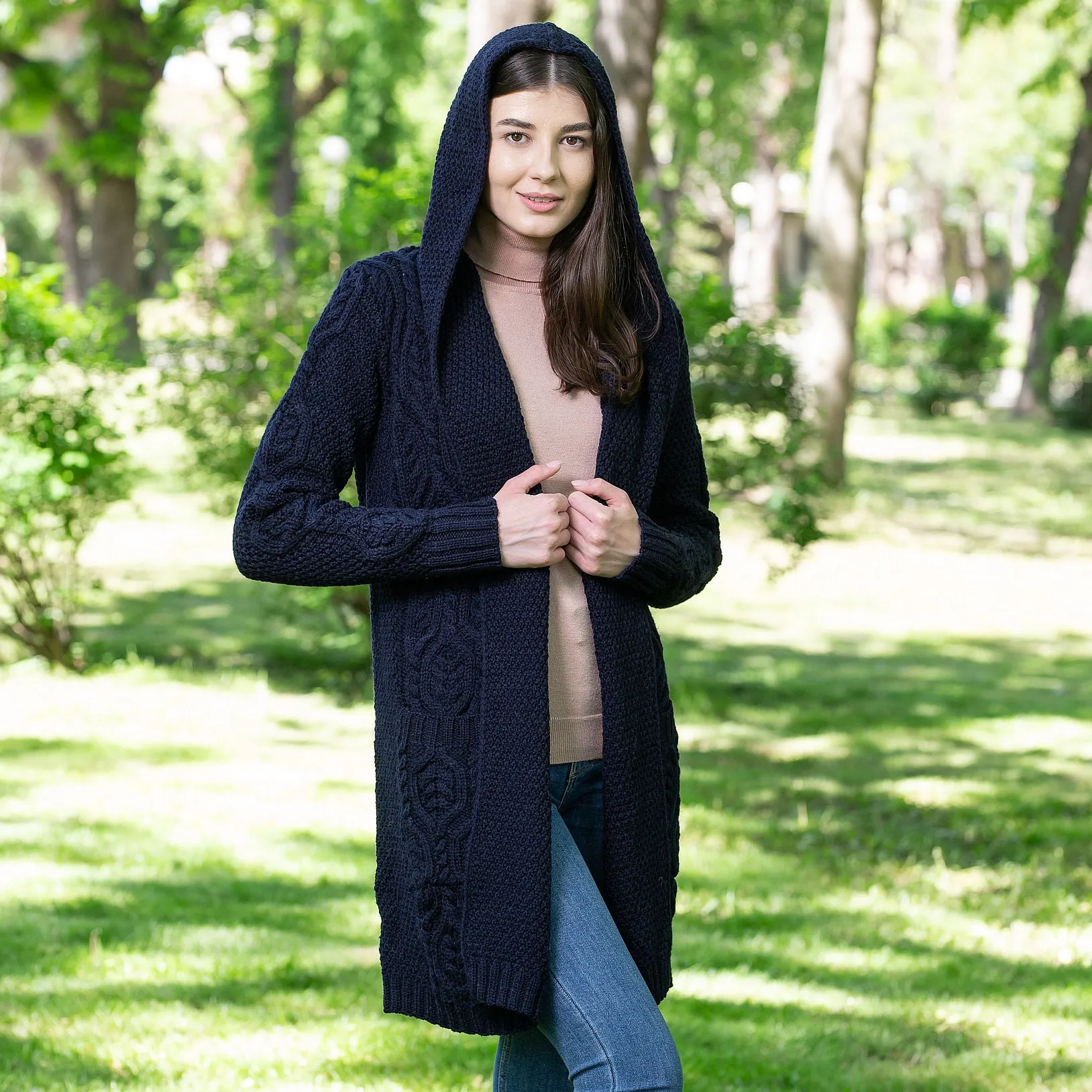 Ladies Hooded Honeycomb Cable Aran Coat