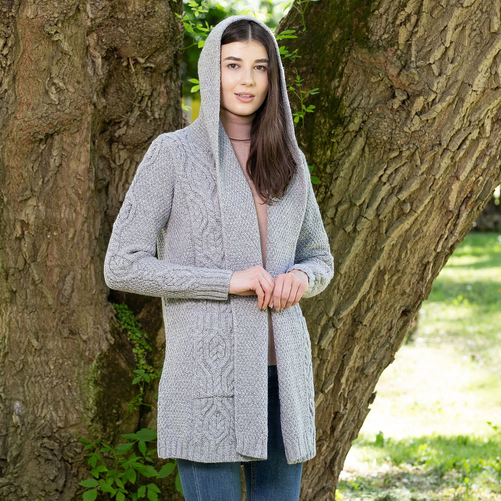 Ladies Hooded Honeycomb Cable Aran Coat