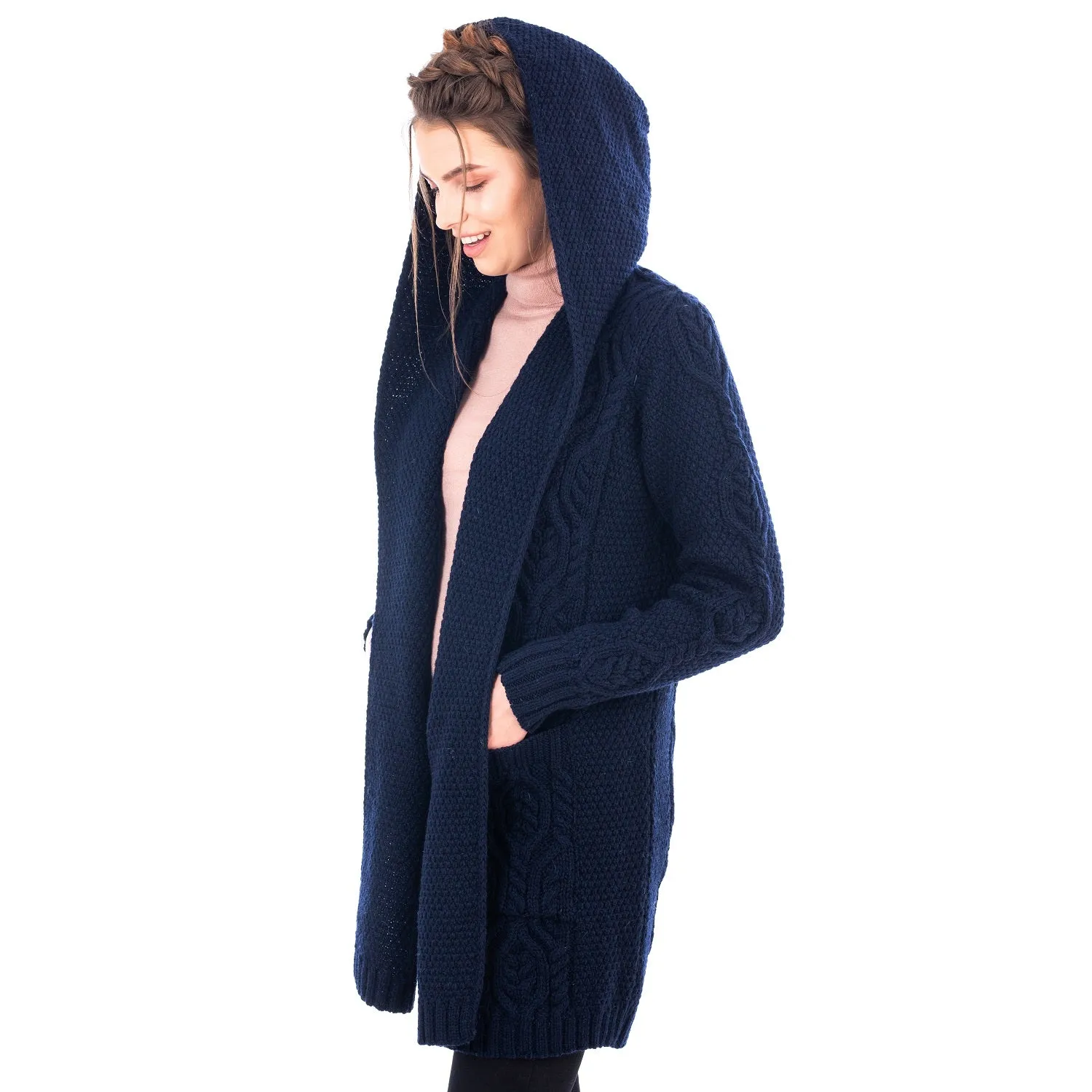 Ladies Hooded Honeycomb Cable Aran Coat