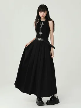 Ladyghost Gothic Sleeveless Maxi Dress - Women'S Black A-Line Gown With Cross Pendant And Pentagram Belt