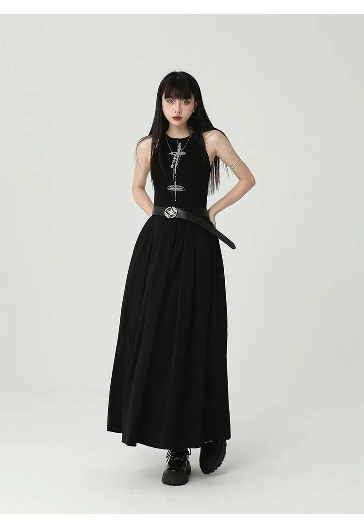 Ladyghost Gothic Sleeveless Maxi Dress - Women'S Black A-Line Gown With Cross Pendant And Pentagram Belt