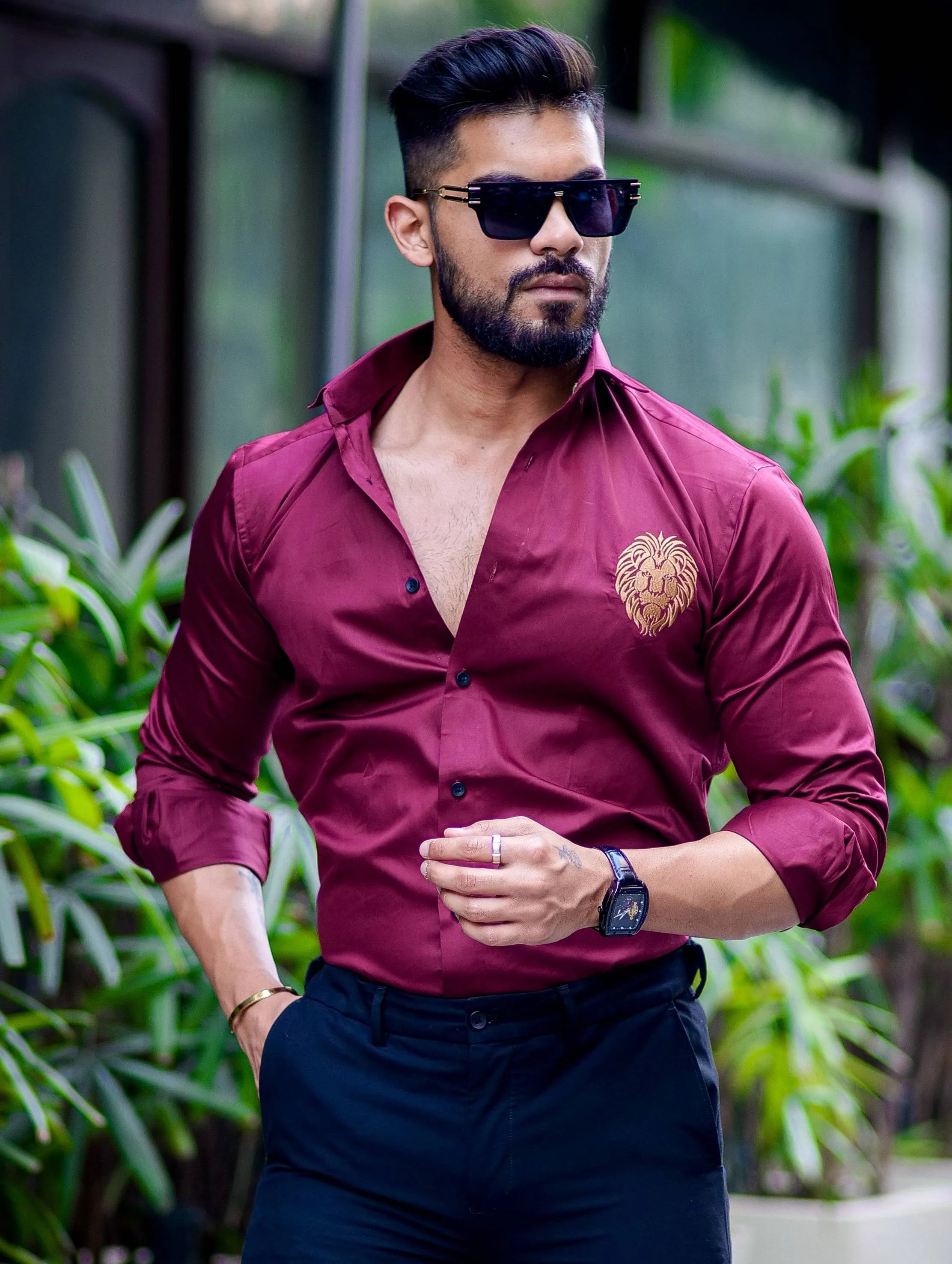 Maroon  Golden Embroidered Mufasa Luxury Shirt For Men's