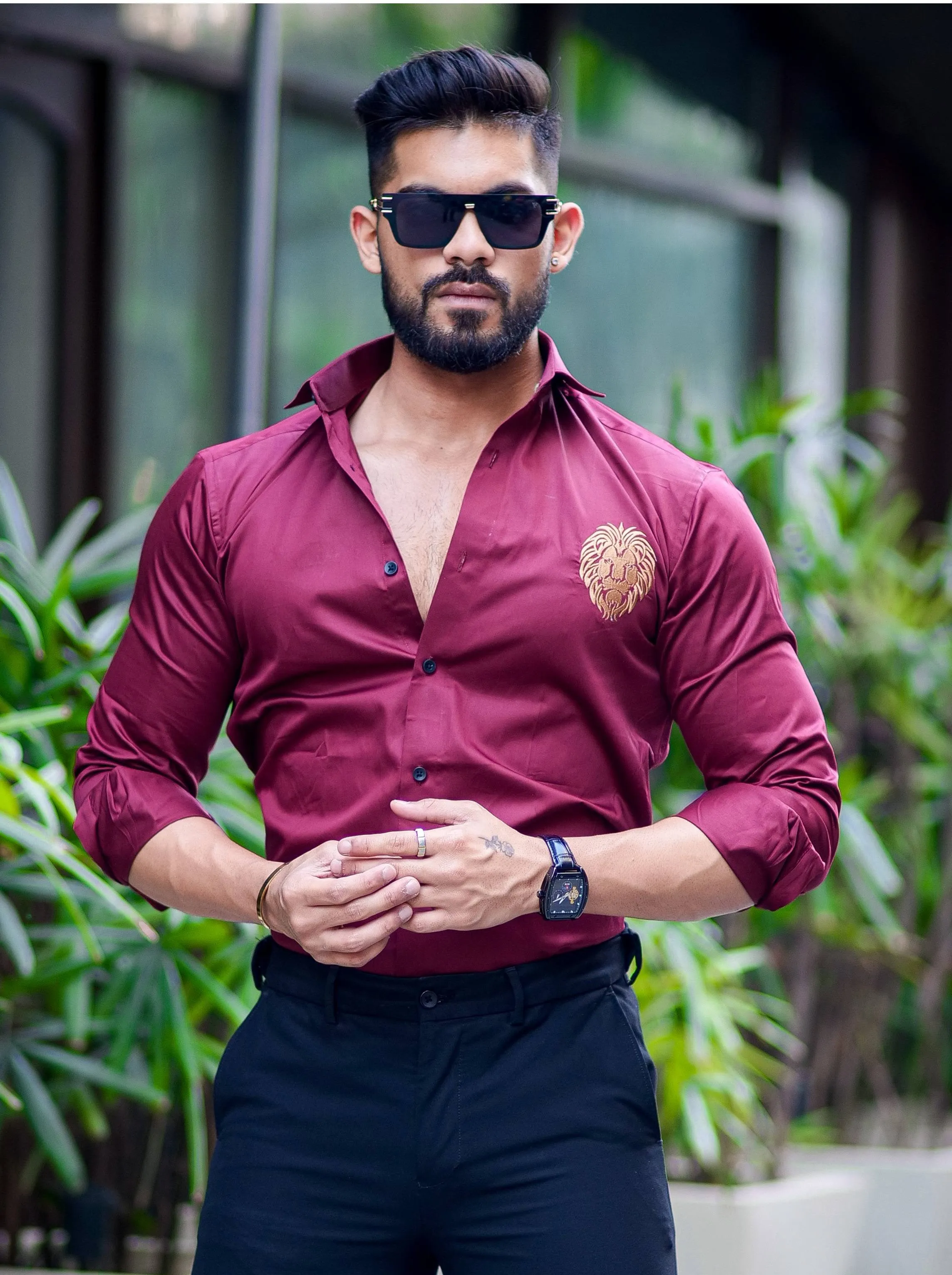 Maroon  Golden Embroidered Mufasa Luxury Shirt For Men's