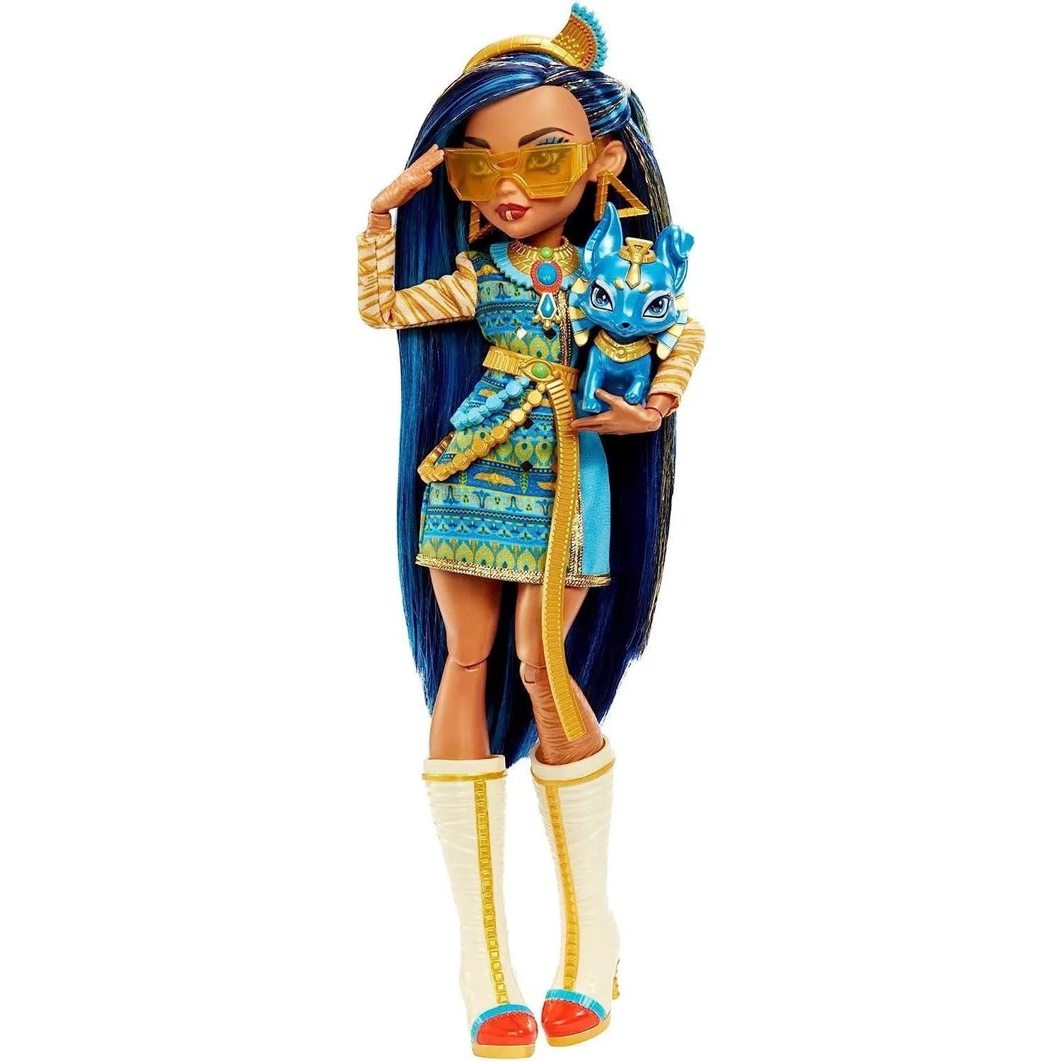 Mattel Monster High Cleo De Nile Fashion Doll with Blue Streaked Hair, Signature Look, Accessories & Pet Dog