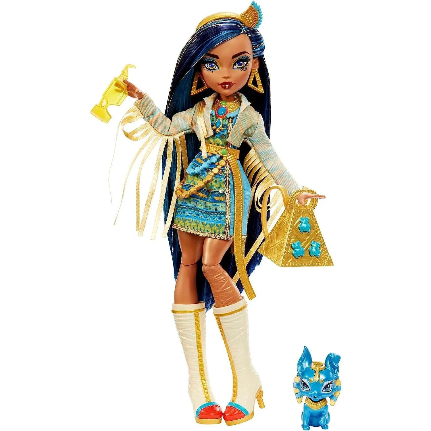 Mattel Monster High Cleo De Nile Fashion Doll with Blue Streaked Hair, Signature Look, Accessories & Pet Dog