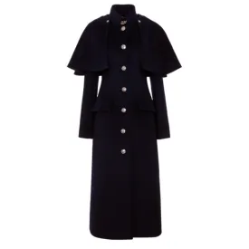 Military Style Long Coat With Removable Cape - Navy