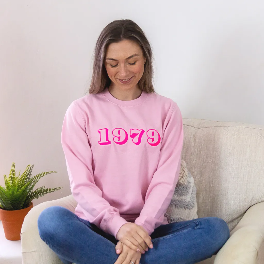 Neon Embroidered Year of Birth Baby Pink Sweatshirt