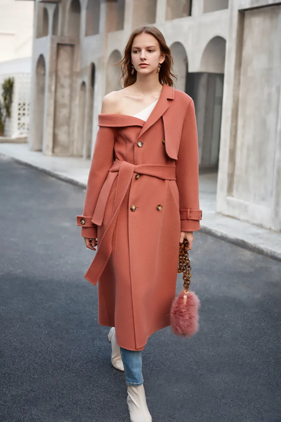 Off-the-shoulder wool double-faced coat