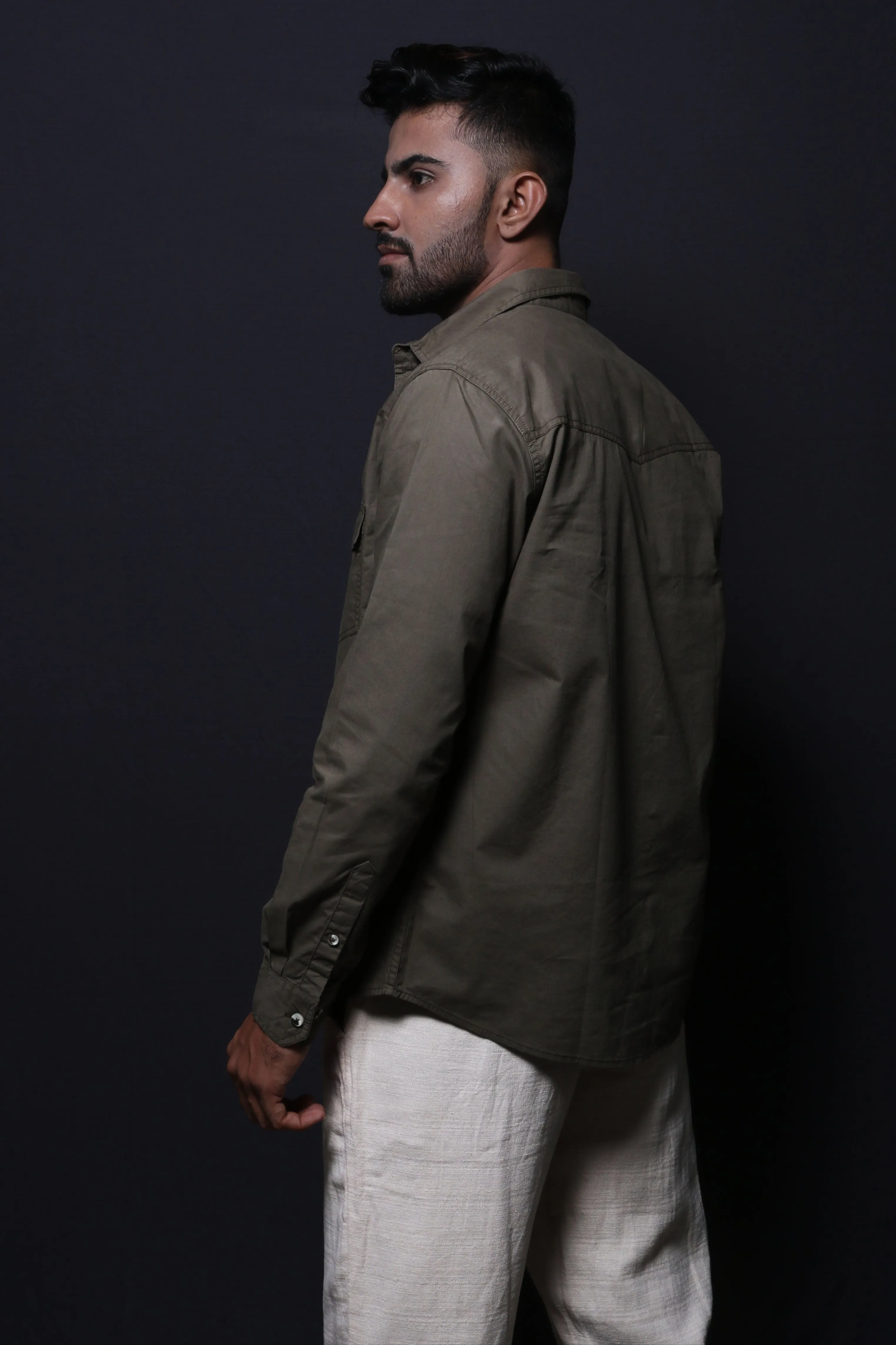 OLIVE GREEN DOUBLE POCKET REGULAR FIT SHIRT