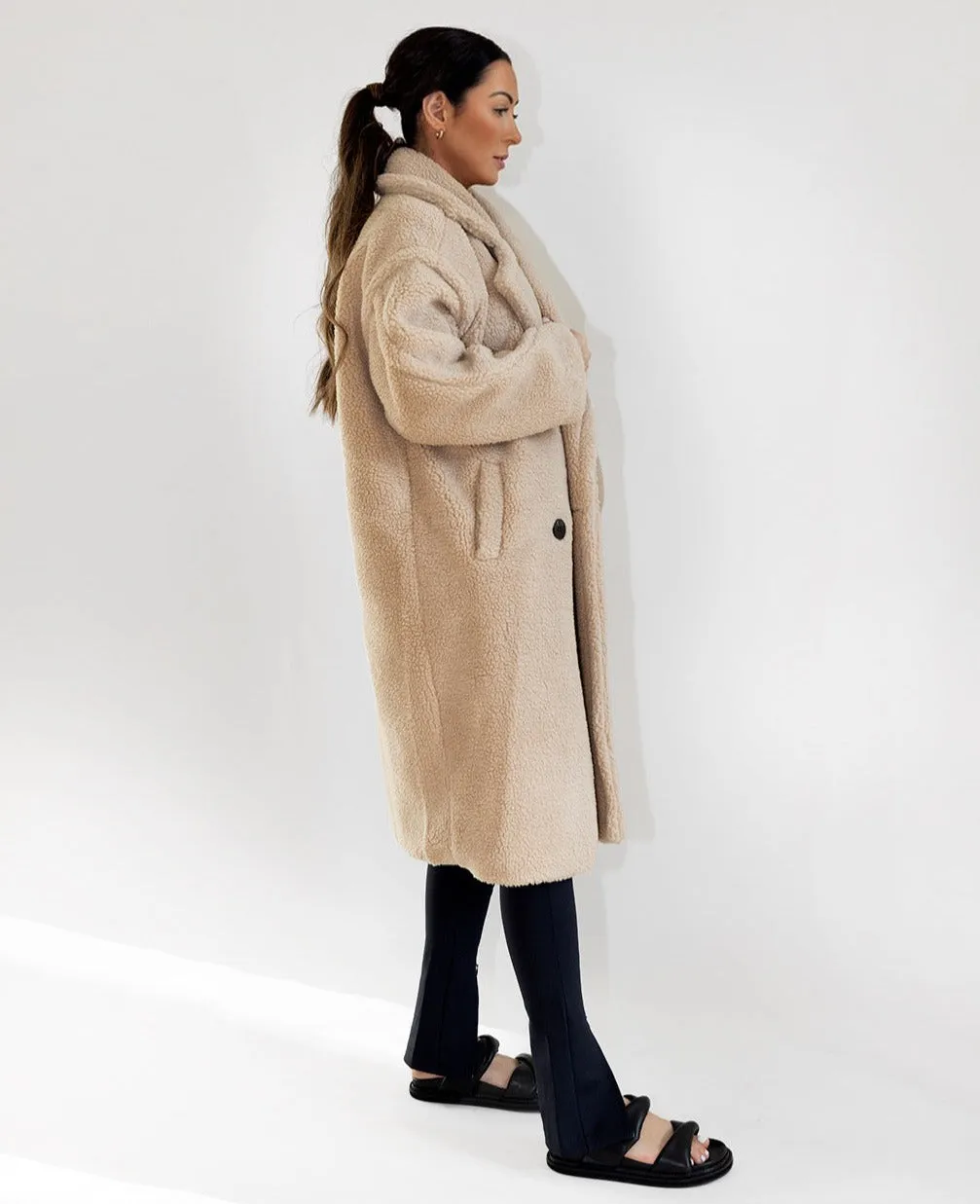 Oversized Longline Teddy Coat in Natural