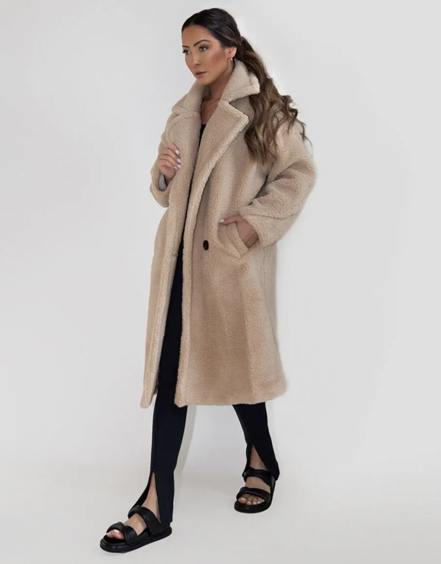 Oversized Longline Teddy Coat in Natural