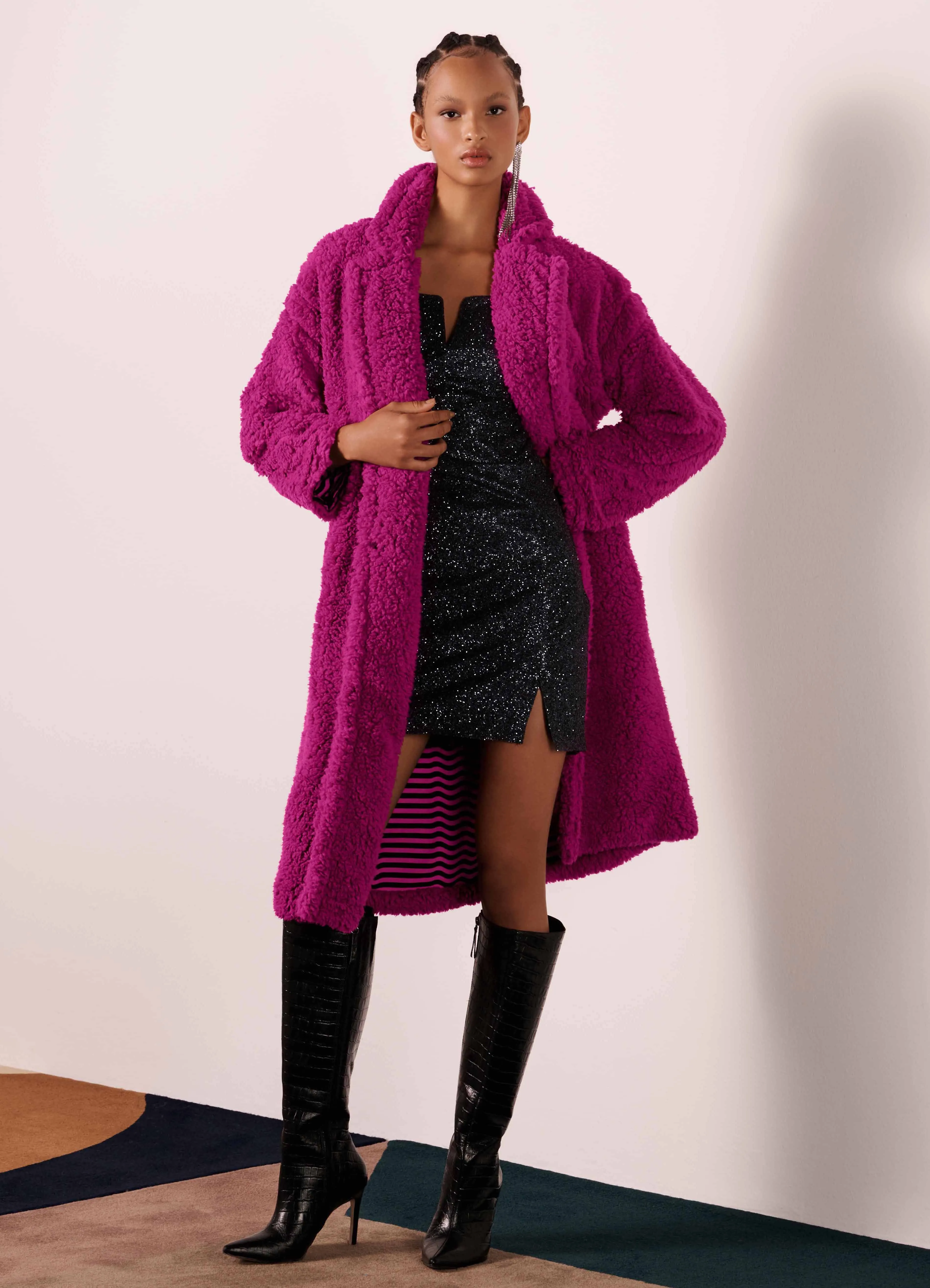 Oversized Longline Teddy Coat in Pink Orchid