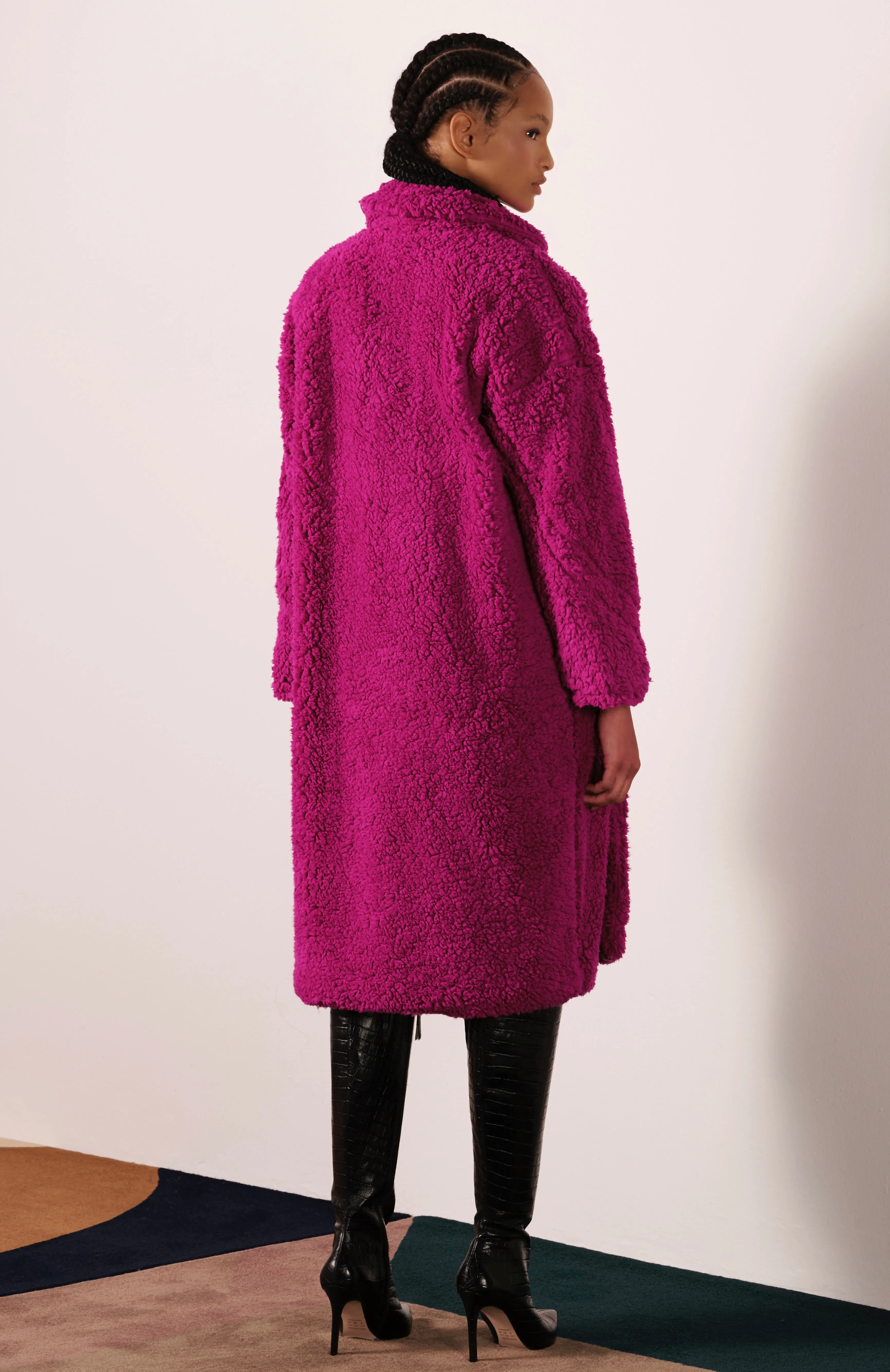 Oversized Longline Teddy Coat in Pink Orchid