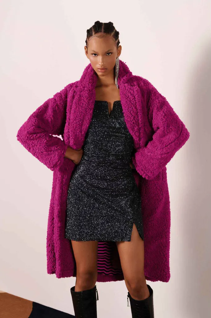 Oversized Longline Teddy Coat in Pink Orchid