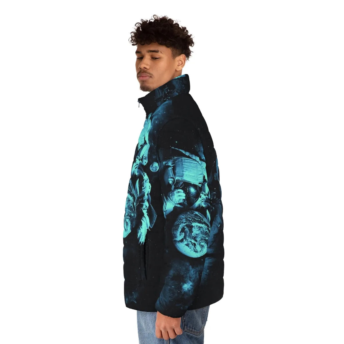 "Cosmic Exploration Puffer Jacket: 'It's a Small World After All' Design"