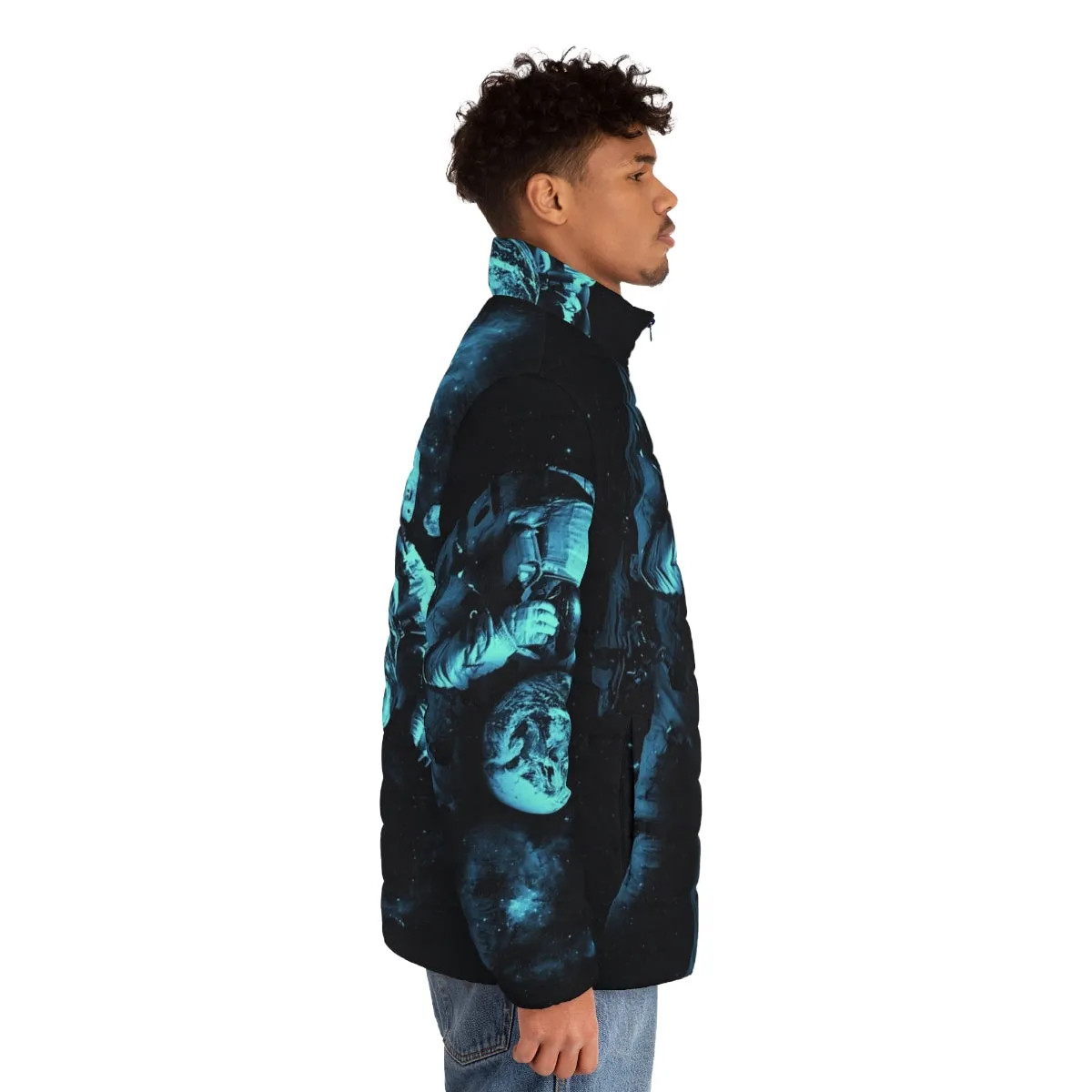 "Cosmic Exploration Puffer Jacket: 'It's a Small World After All' Design"