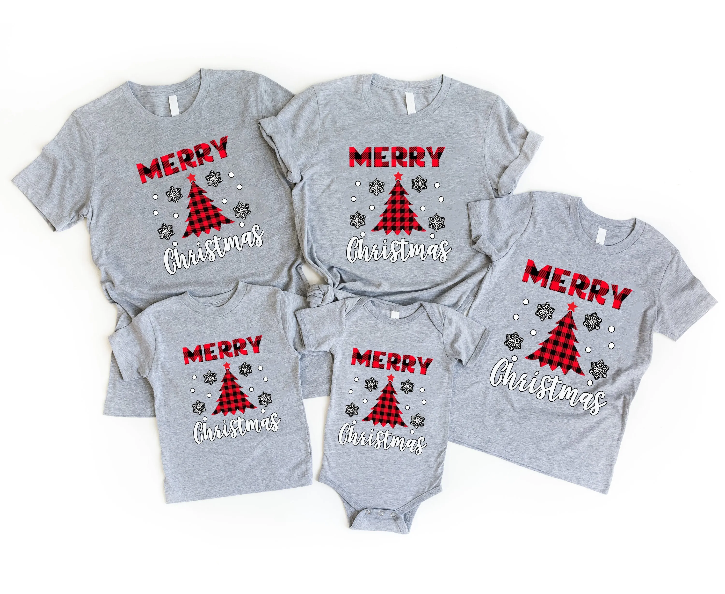 Red Christmas Tree Snowflake And 'Merry Christmas' Letter Print Patterned Gray Color Casual Short Sleeve T-shirts  Family Matching Tops With Dog Bandana