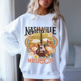 Retro Inspired Vintage Nashville Crewneck Sweatshirt, Distressed 70's Design, Nashville Music City Pullover, Trendy Music Shirt, Gift for Music Lover