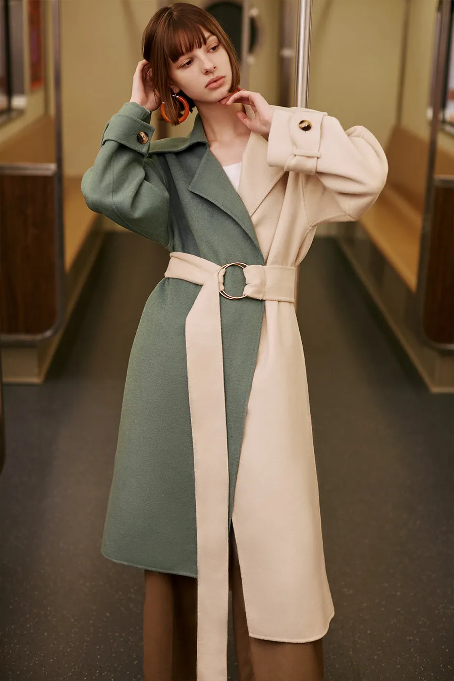 Retro stitching contrast color loose double-sided long wool coat