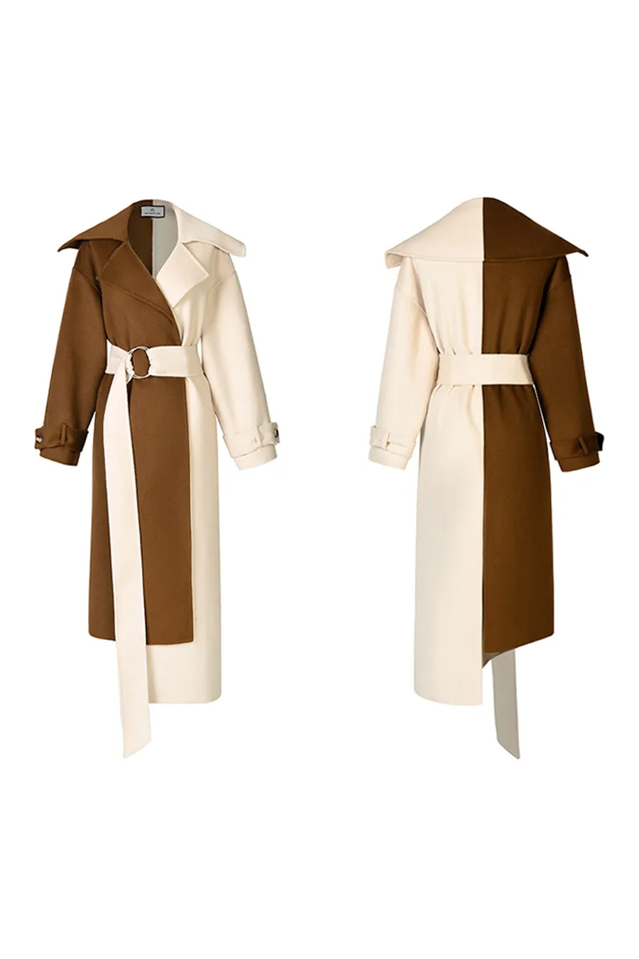 Retro stitching contrast color loose double-sided long wool coat