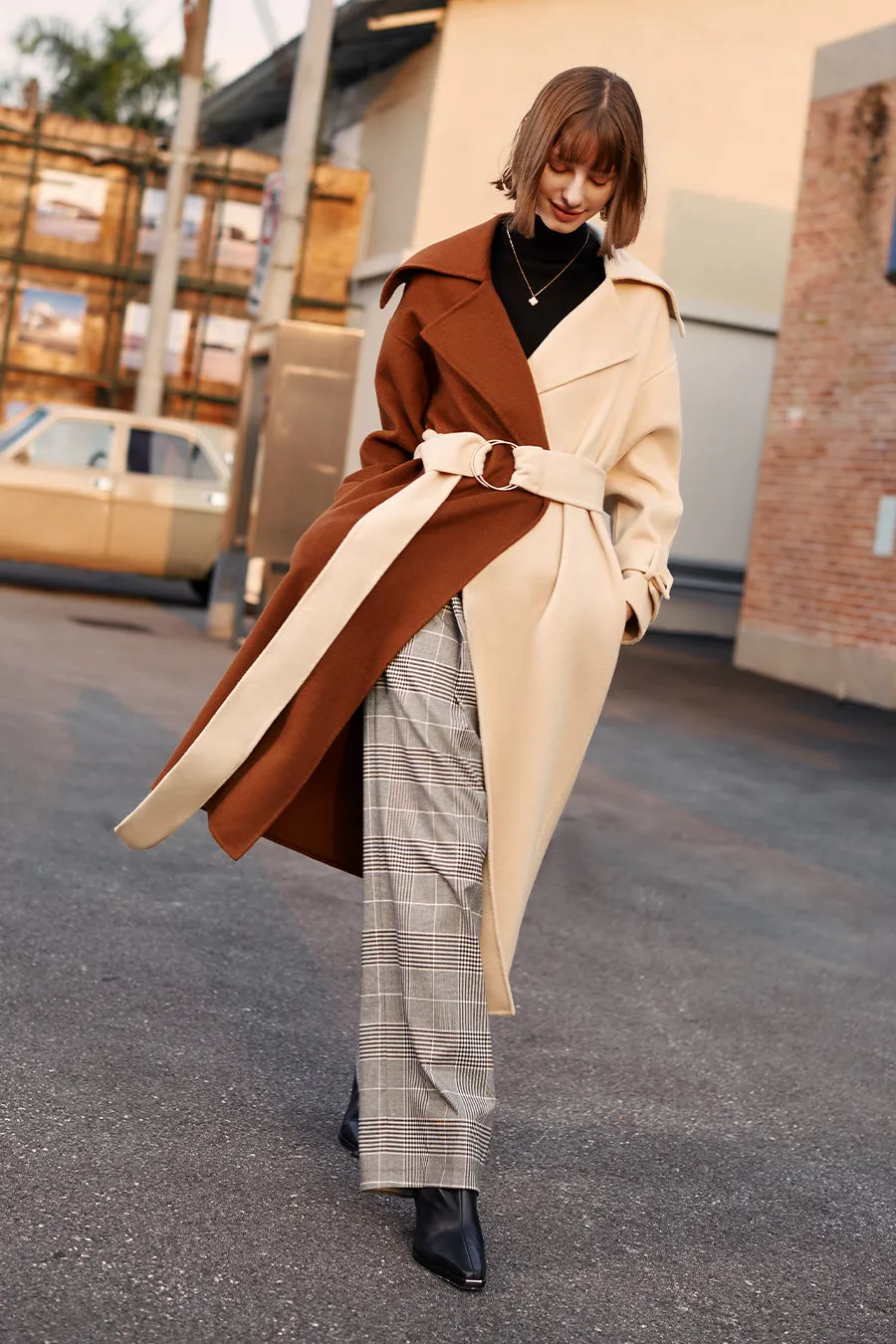 Retro stitching contrast color loose double-sided long wool coat