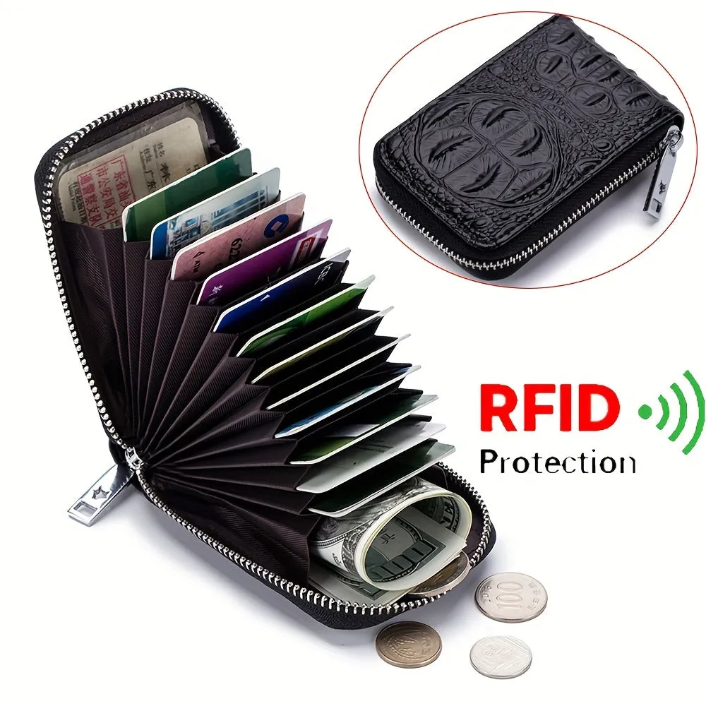 RFID Blocking Mens Card Wallet - Secure Zipper Around Design, Coin Purse & 12 Card Slots, Compact Clutch Money Purse for Everyday Use