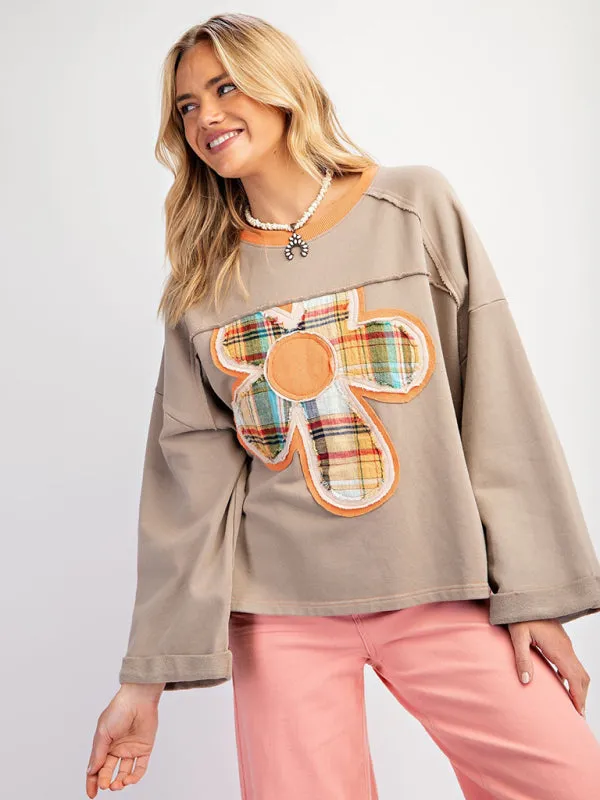 Stephany Women's Colorblock Floral Patch Top Casual Loose Sweatshirt